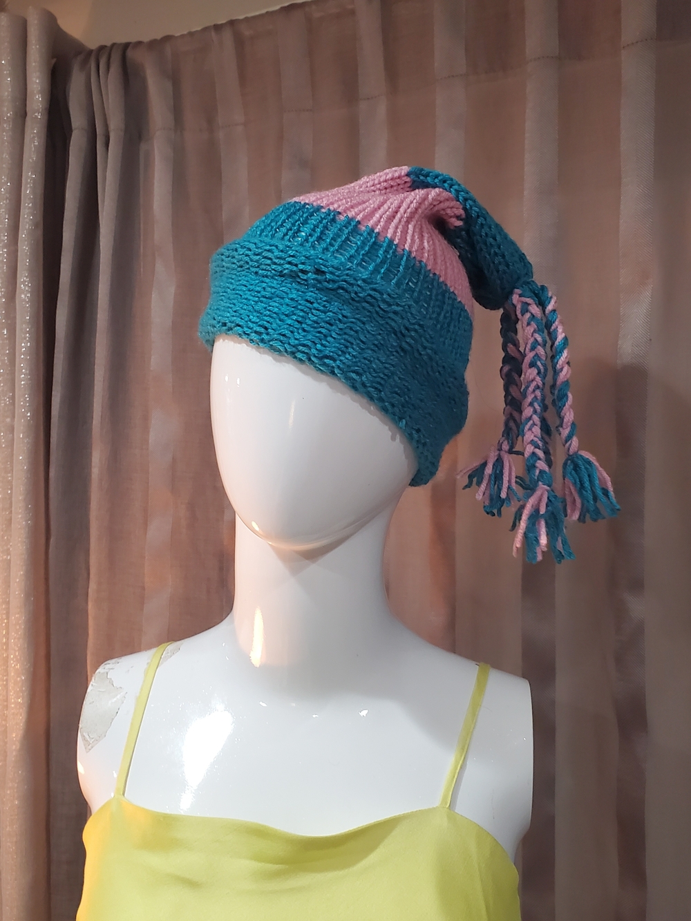 Handcrafted Teal and Pink Knit Tassel Hat